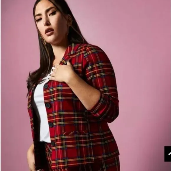 Torrid Betsey Johnson Blazer Womens 3X Red Plaid Preppy Academia Ponte Jacket