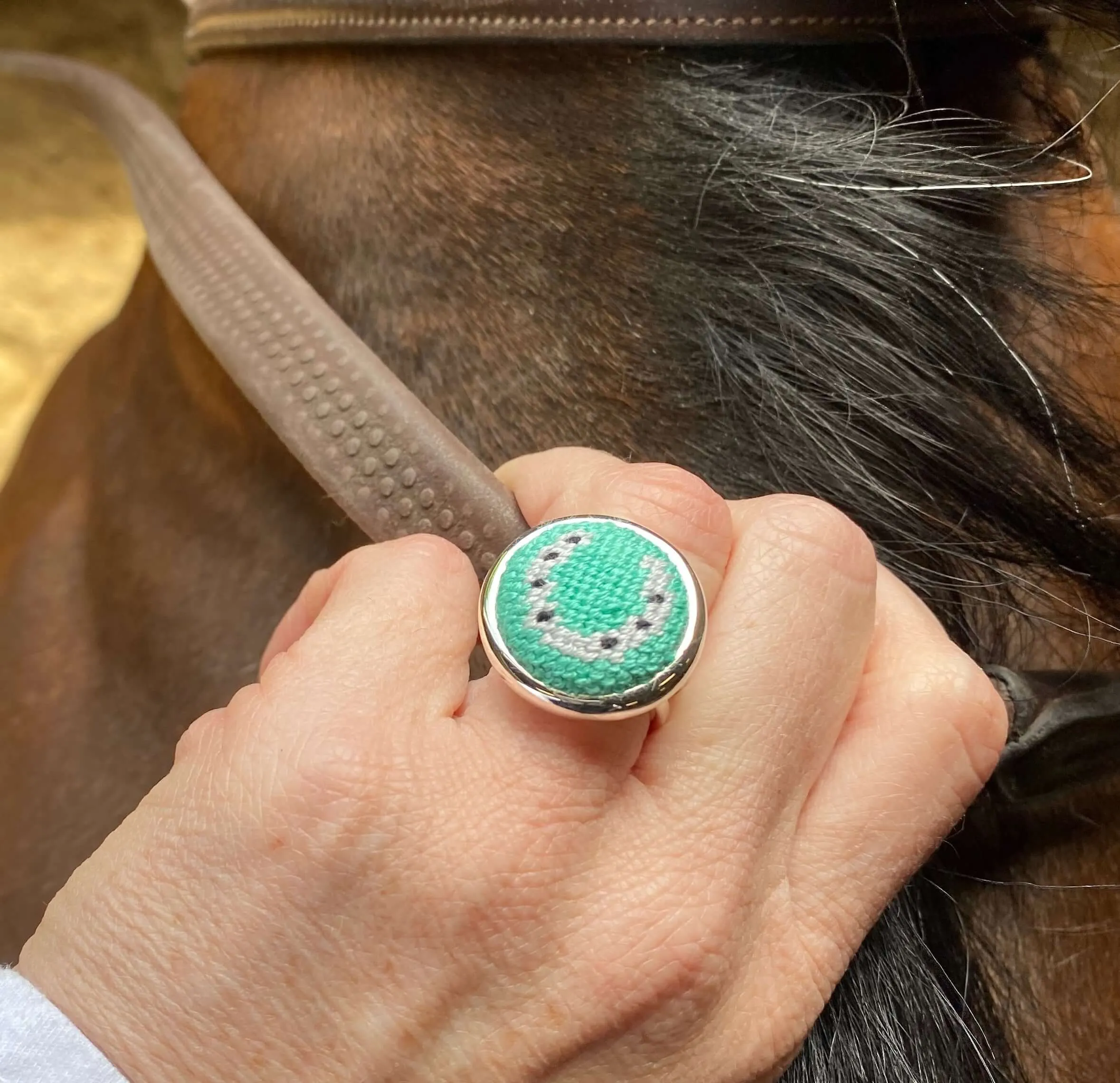 Turquoise and Silver Horseshoe Needlepoint Ring