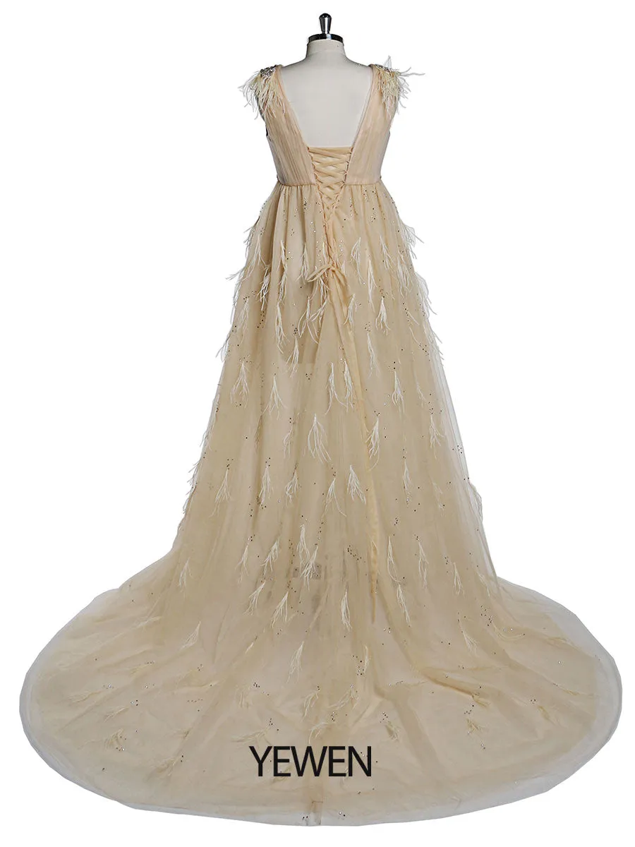 V Neck Beaded Ostrich Hair Mmaternity Photo Shoot Dress for Special Occasions /Baby Shower