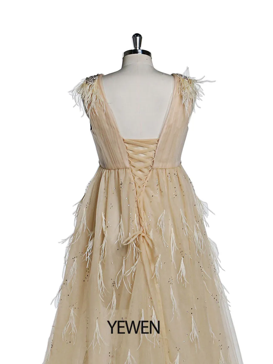 V Neck Beaded Ostrich Hair Mmaternity Photo Shoot Dress for Special Occasions /Baby Shower