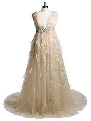 V Neck Beaded Ostrich Hair Mmaternity Photo Shoot Dress for Special Occasions /Baby Shower