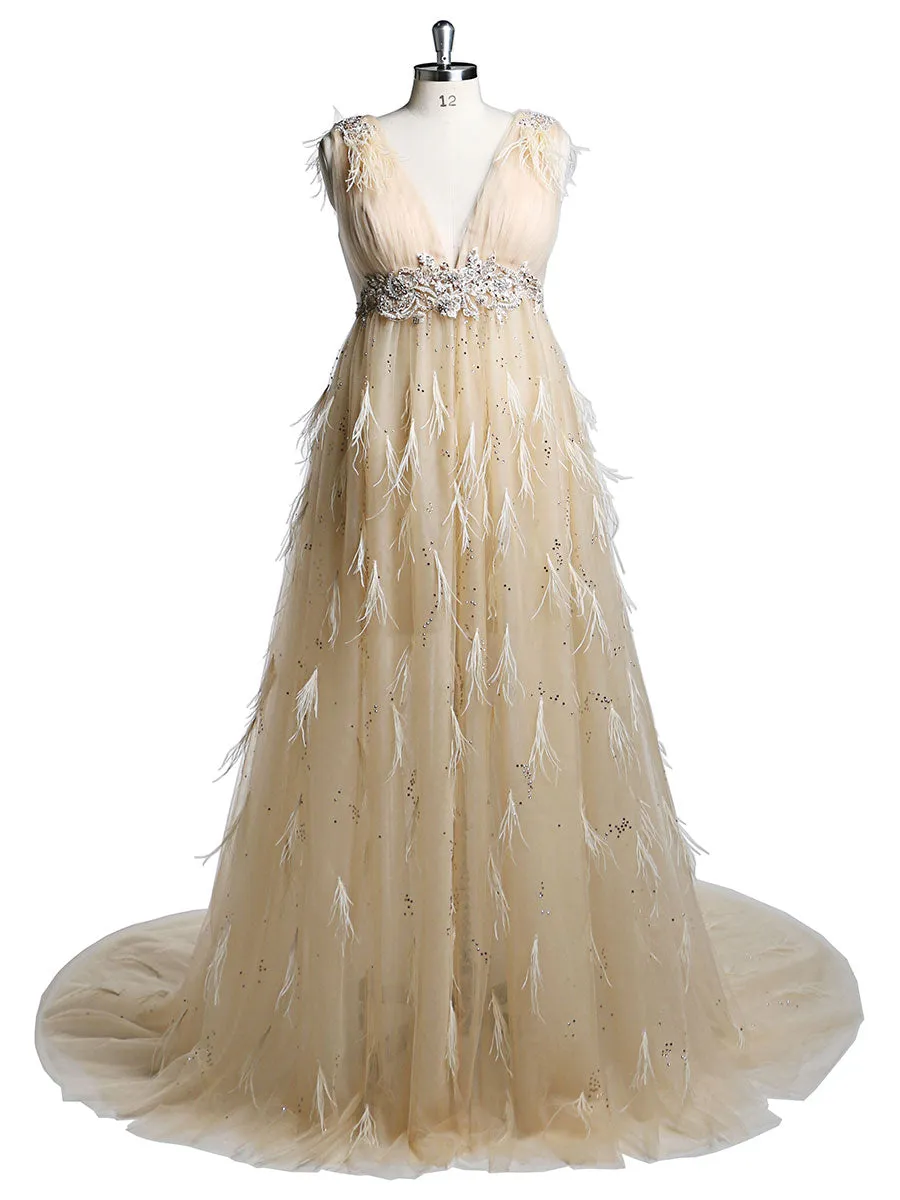 V Neck Beaded Ostrich Hair Mmaternity Photo Shoot Dress for Special Occasions /Baby Shower