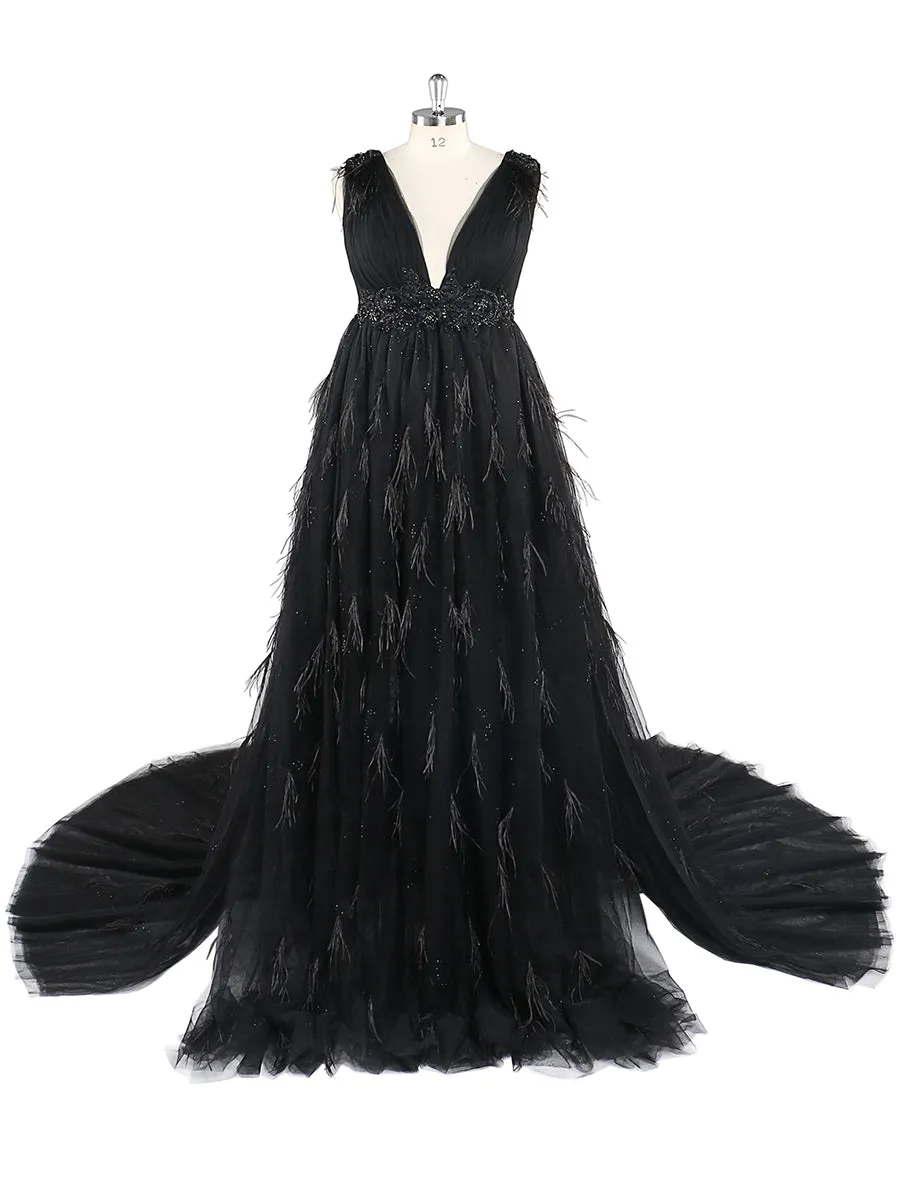V Neck Beaded Ostrich Hair Mmaternity Photo Shoot Dress for Special Occasions /Baby Shower