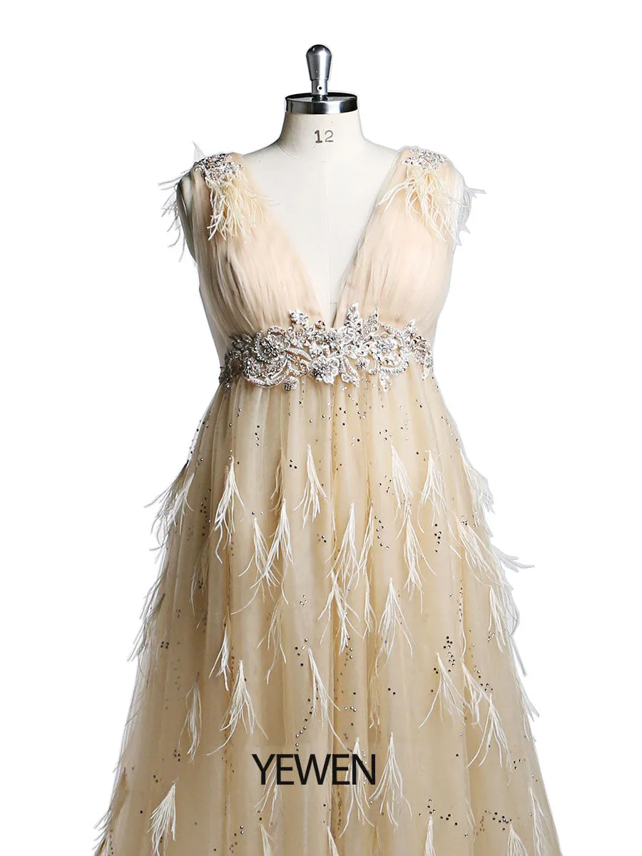 V Neck Beaded Ostrich Hair Mmaternity Photo Shoot Dress for Special Occasions /Baby Shower