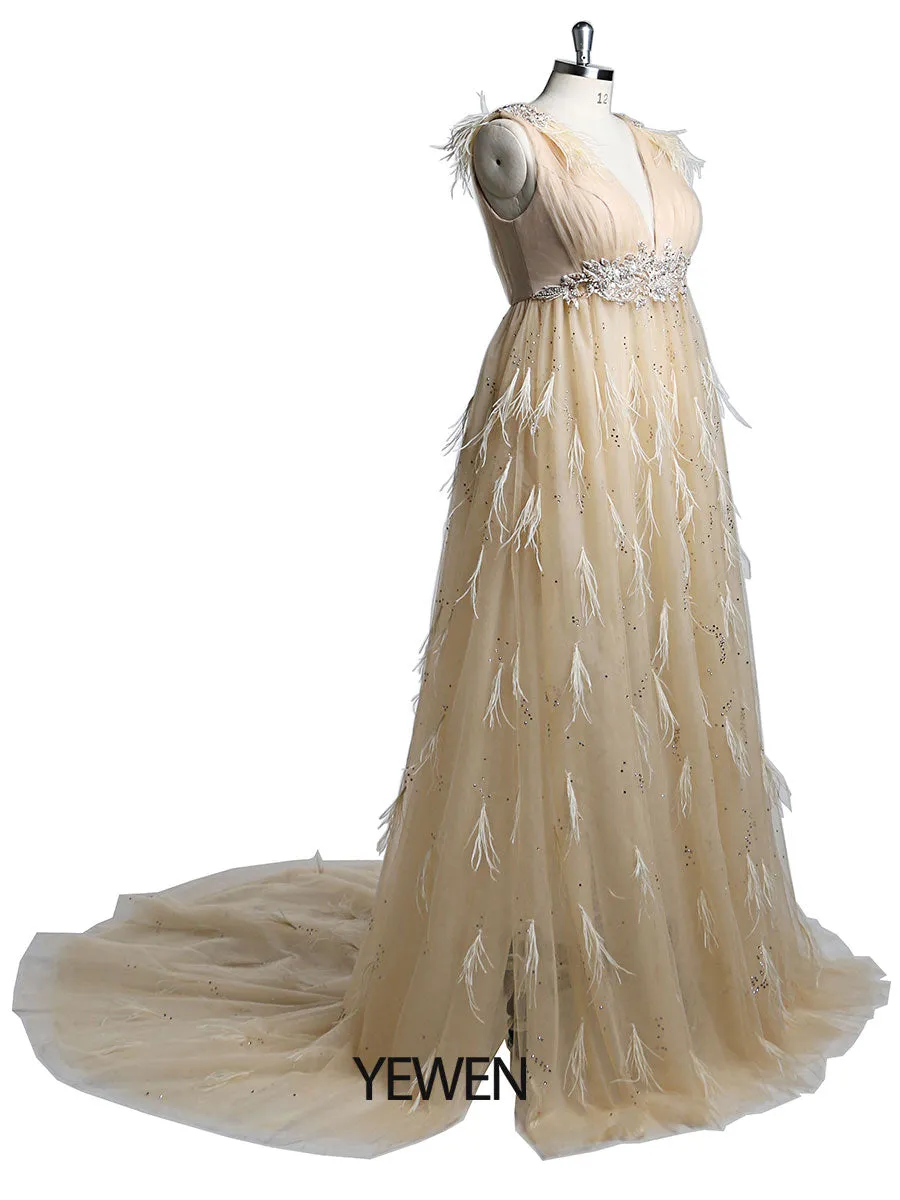 V Neck Beaded Ostrich Hair Mmaternity Photo Shoot Dress for Special Occasions /Baby Shower