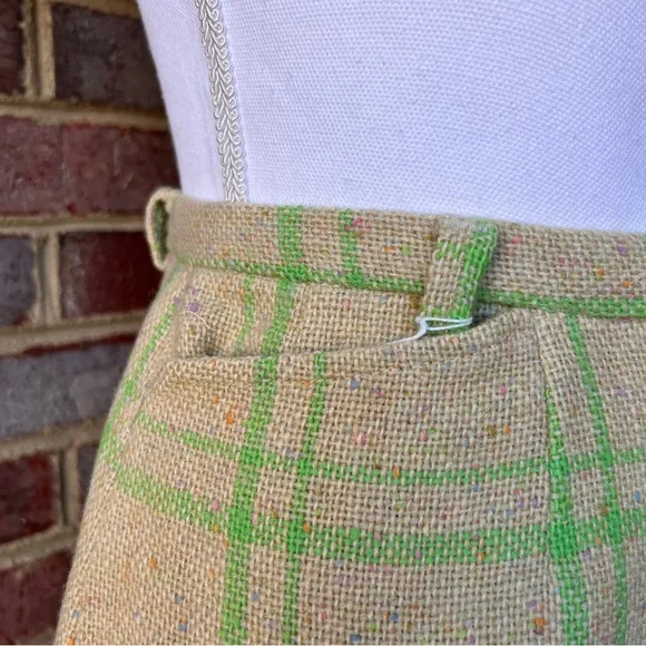 Vintage 1960’s cream &amp; lime green wool plaid a/line skirt
