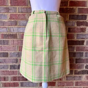Vintage 1960’s cream &amp; lime green wool plaid a/line skirt