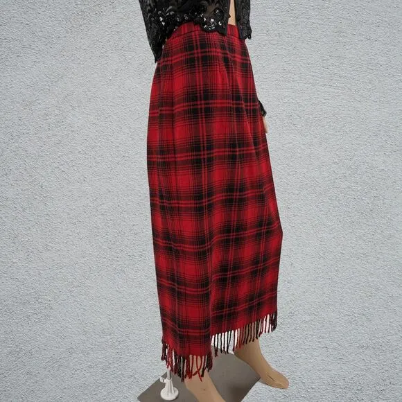 Vintage 90s Plaid Midi Skirt Red Wool Blend Fringe Blanket Skirt Size 12