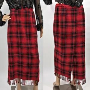 Vintage 90s Plaid Midi Skirt Red Wool Blend Fringe Blanket Skirt Size 12
