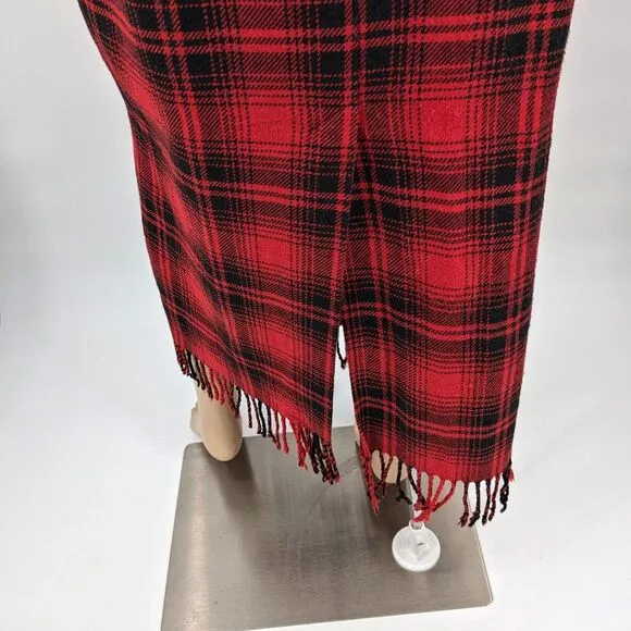 Vintage 90s Plaid Midi Skirt Red Wool Blend Fringe Blanket Skirt Size 12