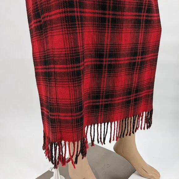 Vintage 90s Plaid Midi Skirt Red Wool Blend Fringe Blanket Skirt Size 12
