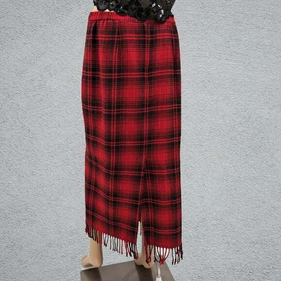 Vintage 90s Plaid Midi Skirt Red Wool Blend Fringe Blanket Skirt Size 12