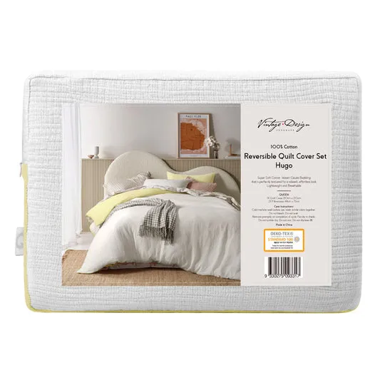 Vintage Design Hugo Reversible Quilt Cover Set Range White and Butter