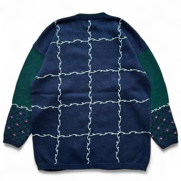 Vintage Hand Embroidered Flower Pattern Christopher Banks Knit Sweater XL Blue