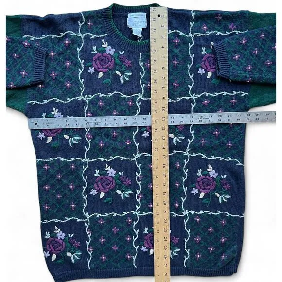 Vintage Hand Embroidered Flower Pattern Christopher Banks Knit Sweater XL Blue