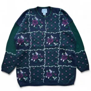 Vintage Hand Embroidered Flower Pattern Christopher Banks Knit Sweater XL Blue