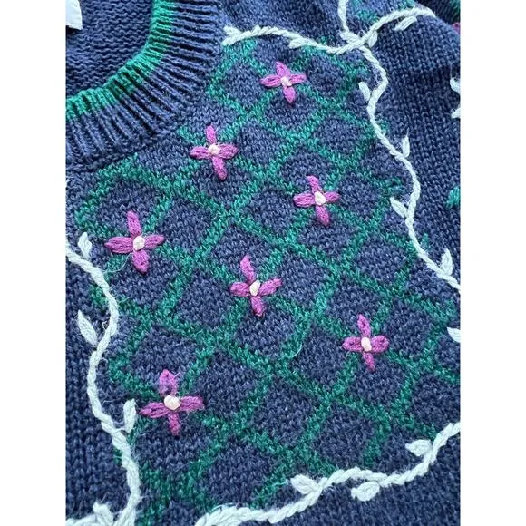 Vintage Hand Embroidered Flower Pattern Christopher Banks Knit Sweater XL Blue
