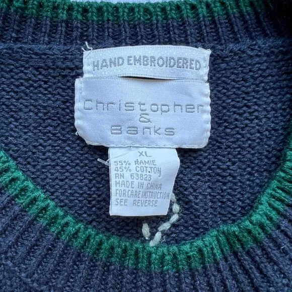 Vintage Hand Embroidered Flower Pattern Christopher Banks Knit Sweater XL Blue