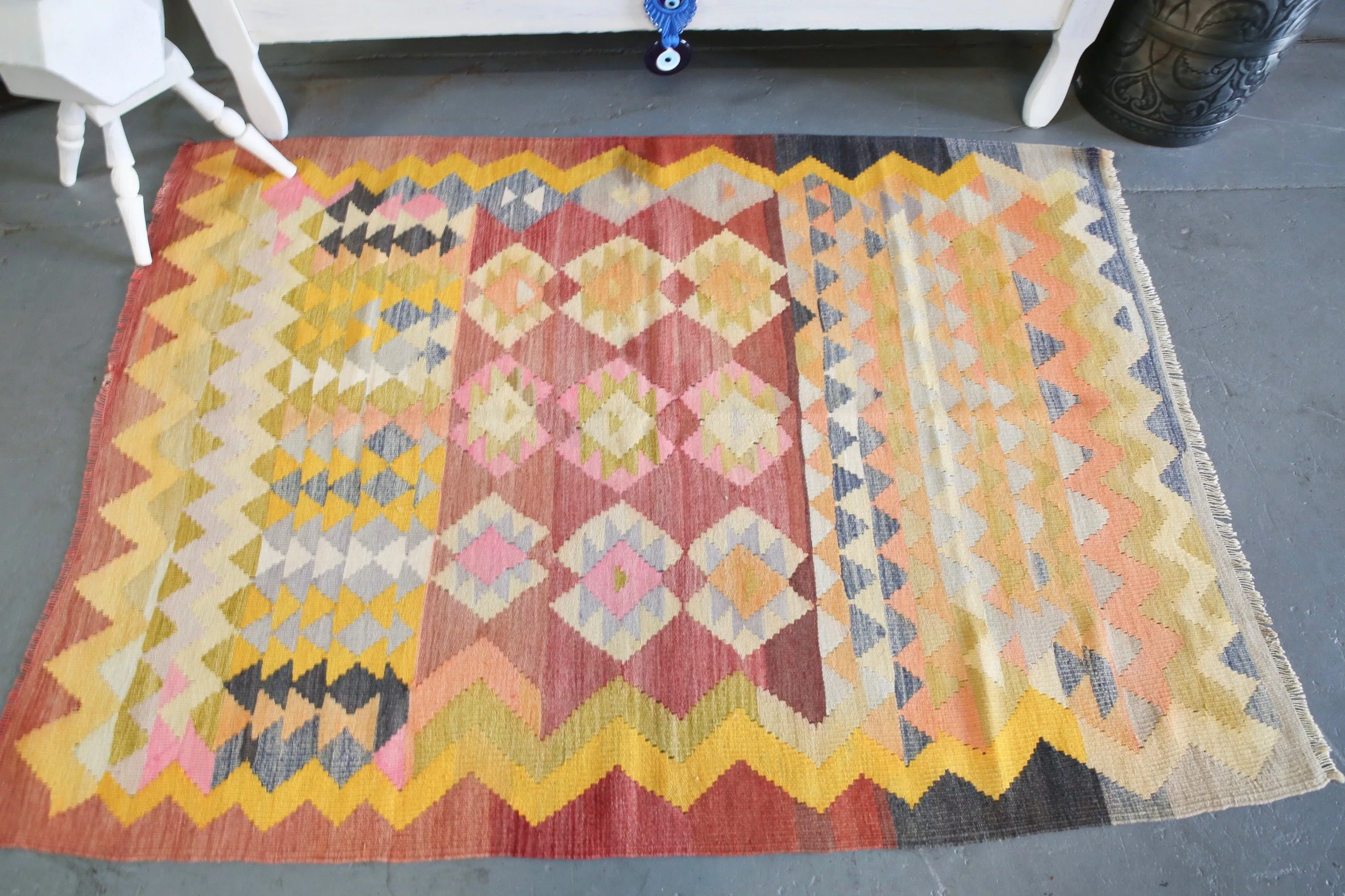 Vintage Milas Bencik Kilim 4.2ftx5.11ft