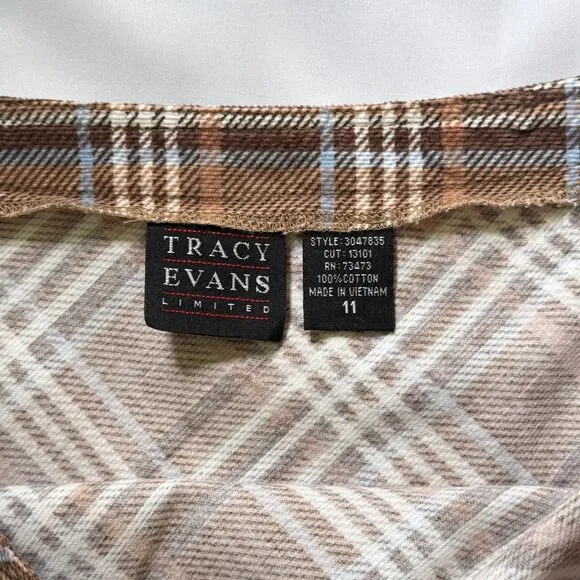 Vintage Plaid Knee Length Skirt Tracy Evans Brown Blue Y2K 100% Cotton Size 11