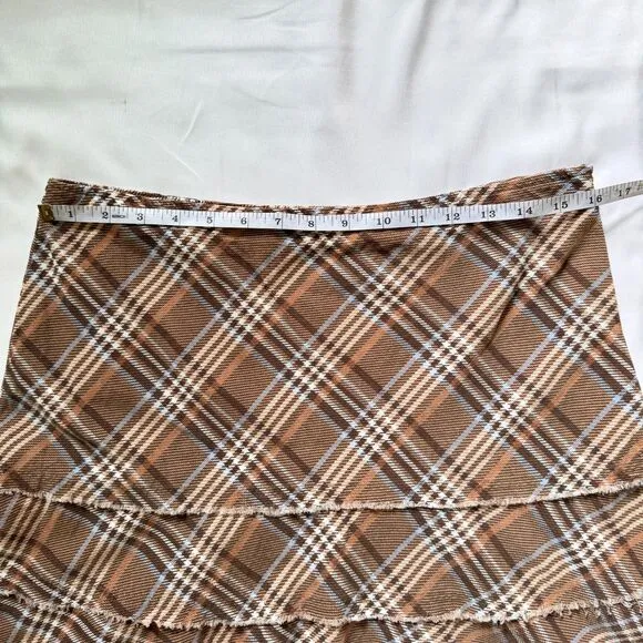 Vintage Plaid Knee Length Skirt Tracy Evans Brown Blue Y2K 100% Cotton Size 11