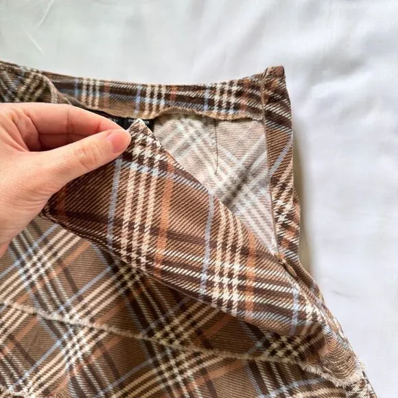 Vintage Plaid Knee Length Skirt Tracy Evans Brown Blue Y2K 100% Cotton Size 11