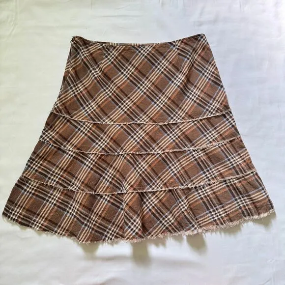 Vintage Plaid Knee Length Skirt Tracy Evans Brown Blue Y2K 100% Cotton Size 11