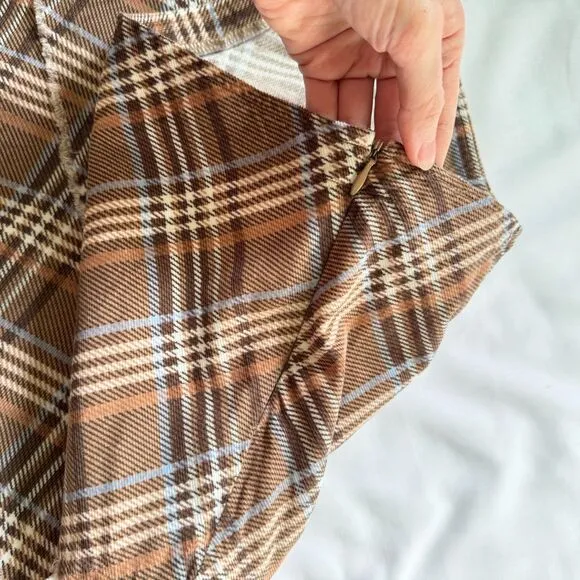 Vintage Plaid Knee Length Skirt Tracy Evans Brown Blue Y2K 100% Cotton Size 11