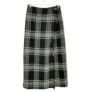 Vintage Talbots Petites Black White Plaid Wool Wrap Fringed Maxi Skirt Size 2P