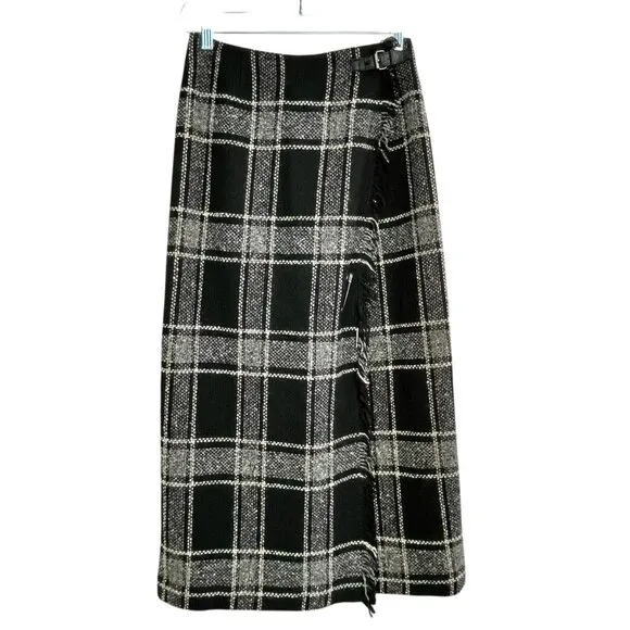 Vintage Talbots Petites Black White Plaid Wool Wrap Fringed Maxi Skirt Size 2P