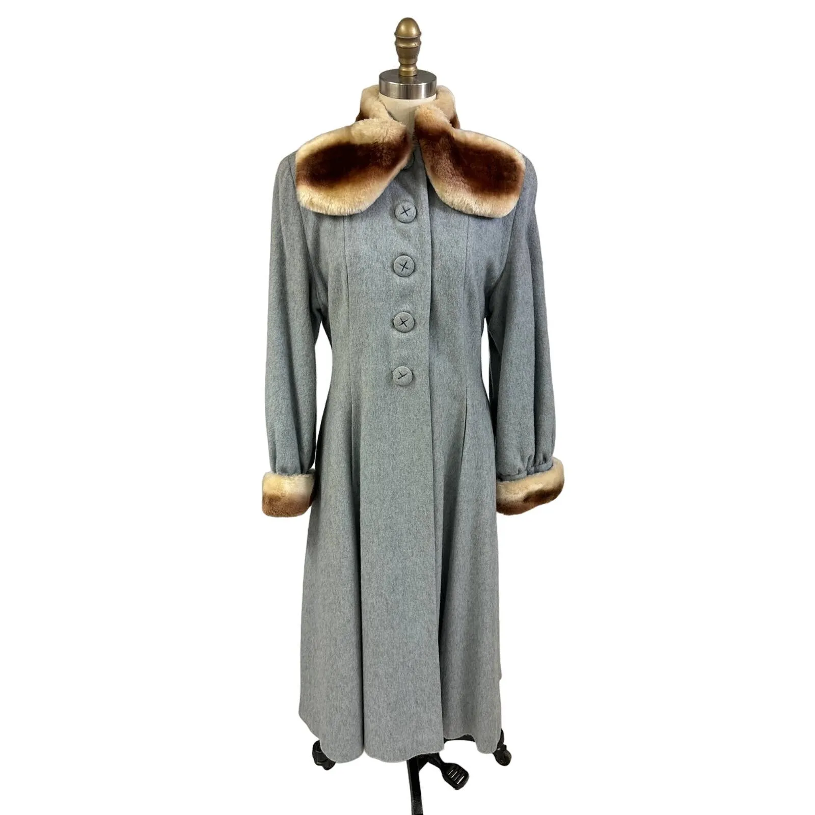 VTG 1940s-50s Grey Womens Coat Gradient Mouton Fur Collar & Cuffs Sz S/M