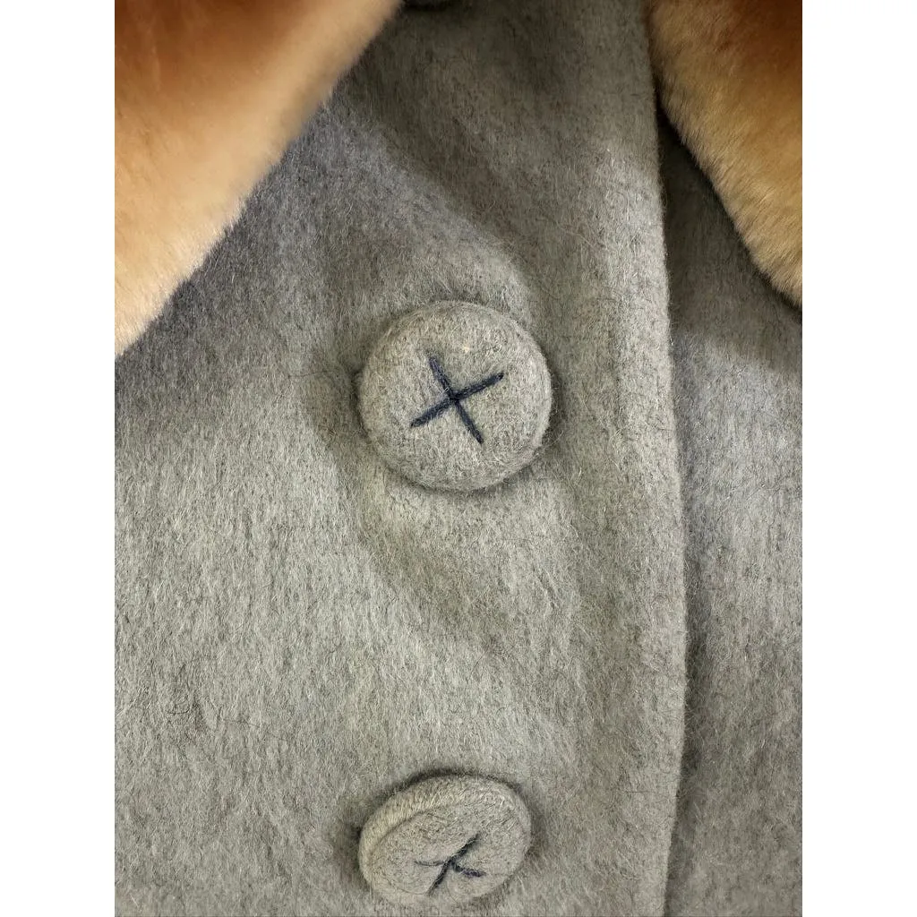 VTG 1940s-50s Grey Womens Coat Gradient Mouton Fur Collar & Cuffs Sz S/M