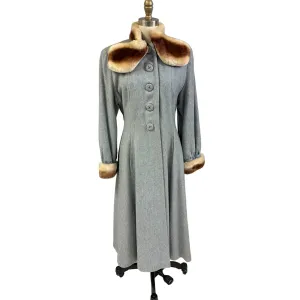 VTG 1940s-50s Grey Womens Coat Gradient Mouton Fur Collar & Cuffs Sz S/M