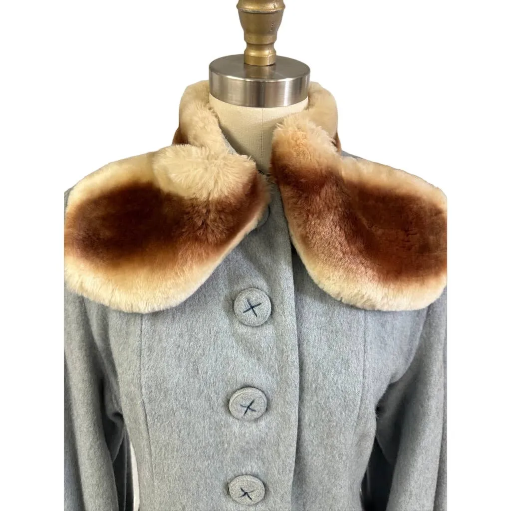 VTG 1940s-50s Grey Womens Coat Gradient Mouton Fur Collar & Cuffs Sz S/M