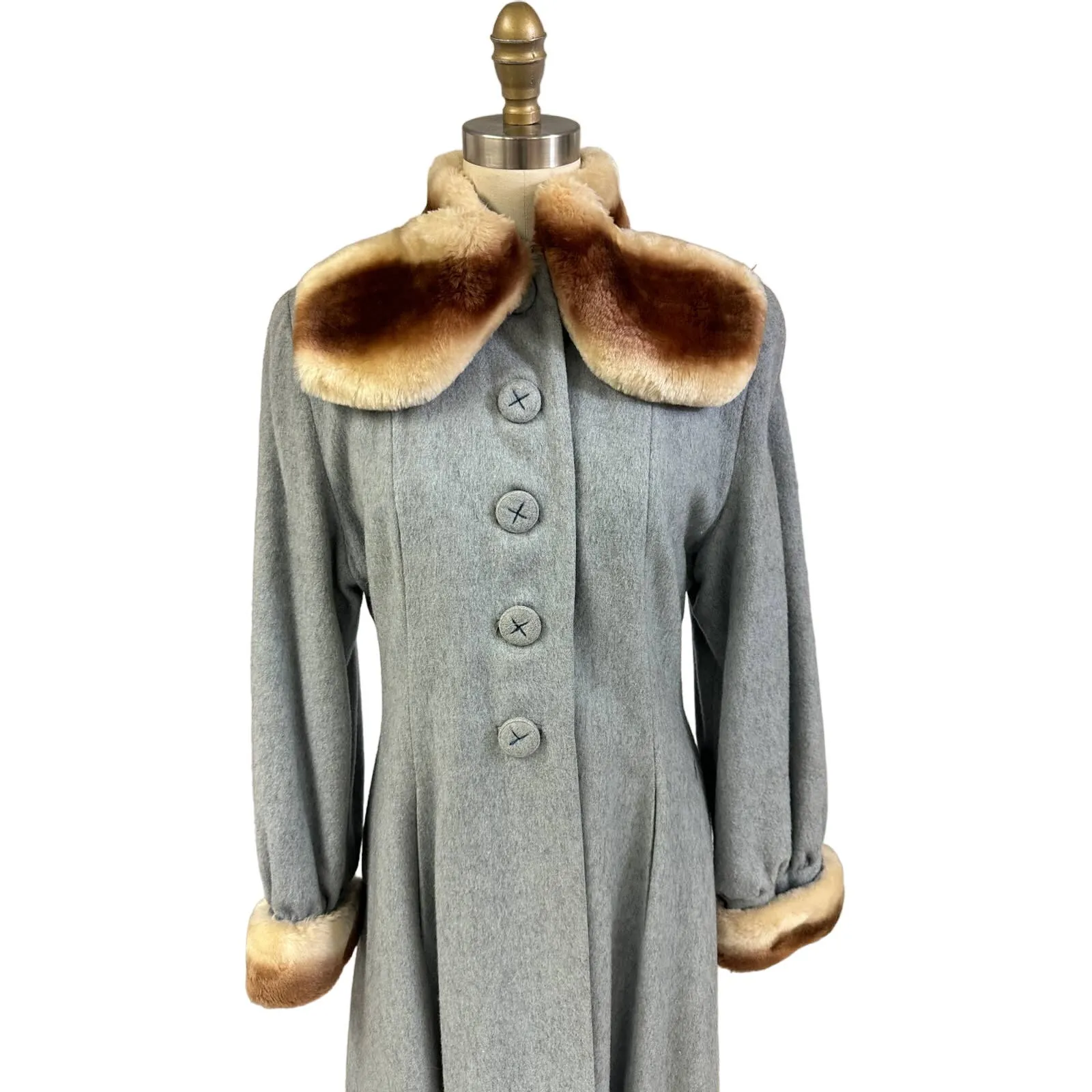 VTG 1940s-50s Grey Womens Coat Gradient Mouton Fur Collar & Cuffs Sz S/M