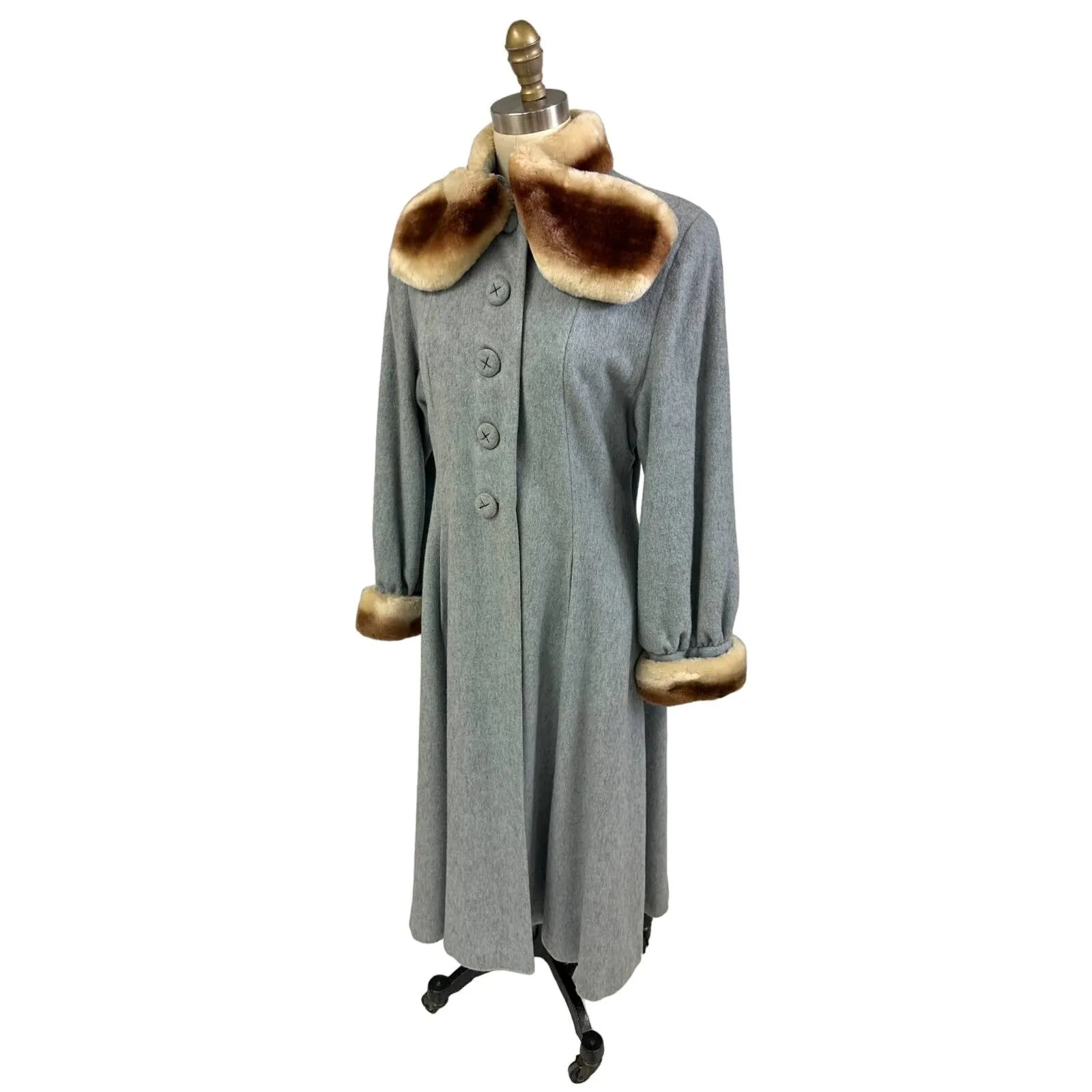 VTG 1940s-50s Grey Womens Coat Gradient Mouton Fur Collar & Cuffs Sz S/M