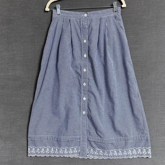 Vtg Jantzen Skirt 12 Blue White Gingham Plaid Embroidered Cottage Preppy Western