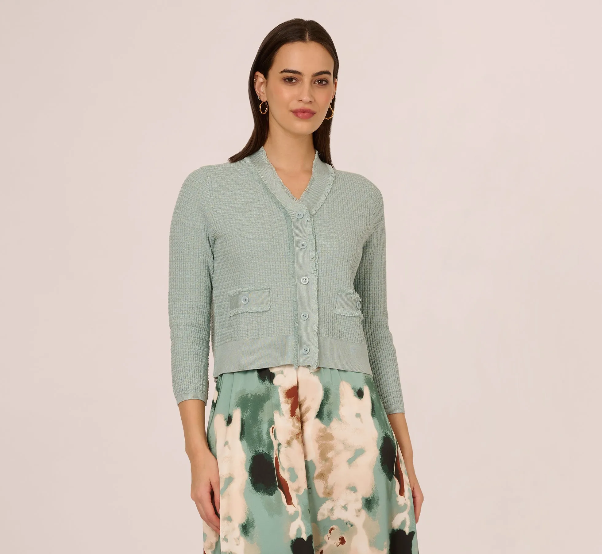 Waffle Knit Cardigan Sweater With Frayed Edges In Dusty Seamist