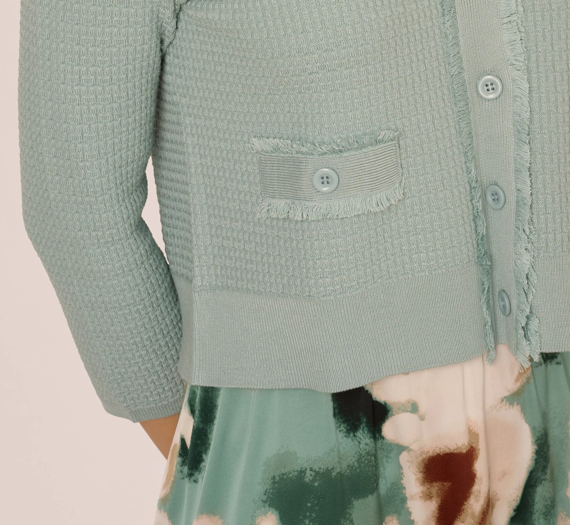 Waffle Knit Cardigan Sweater With Frayed Edges In Dusty Seamist