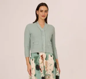 Waffle Knit Cardigan Sweater With Frayed Edges In Dusty Seamist