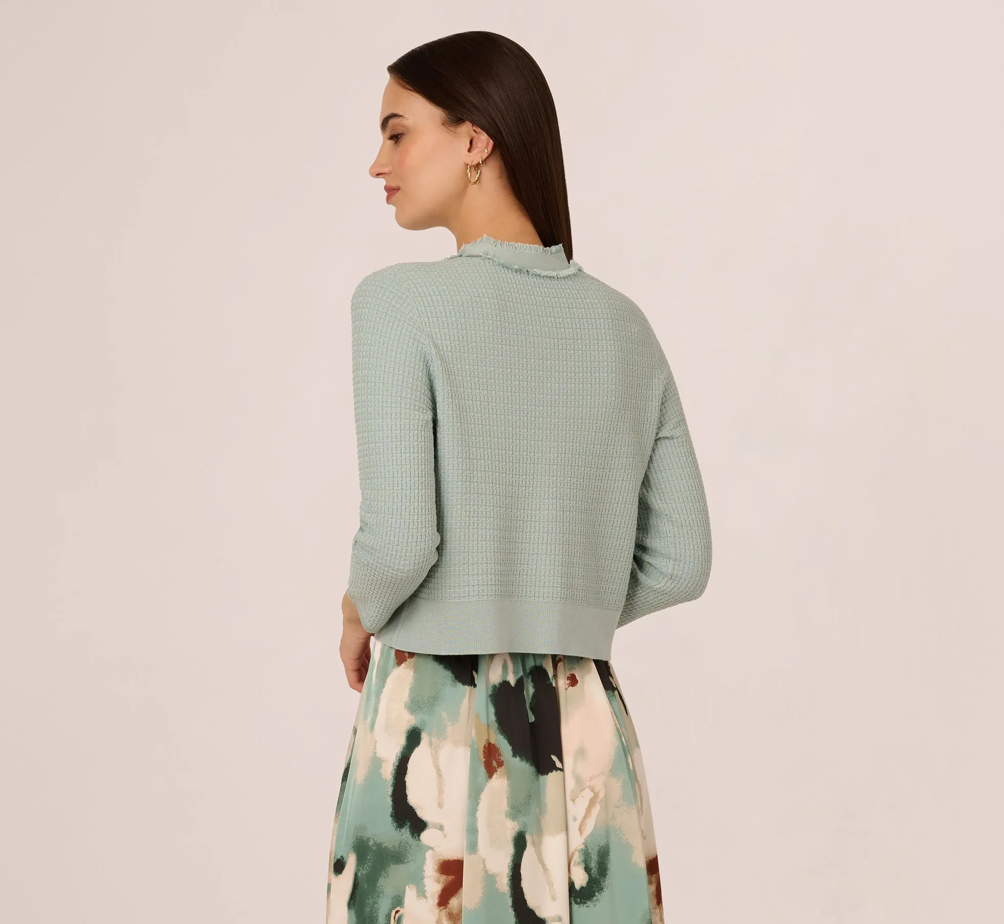 Waffle Knit Cardigan Sweater With Frayed Edges In Dusty Seamist