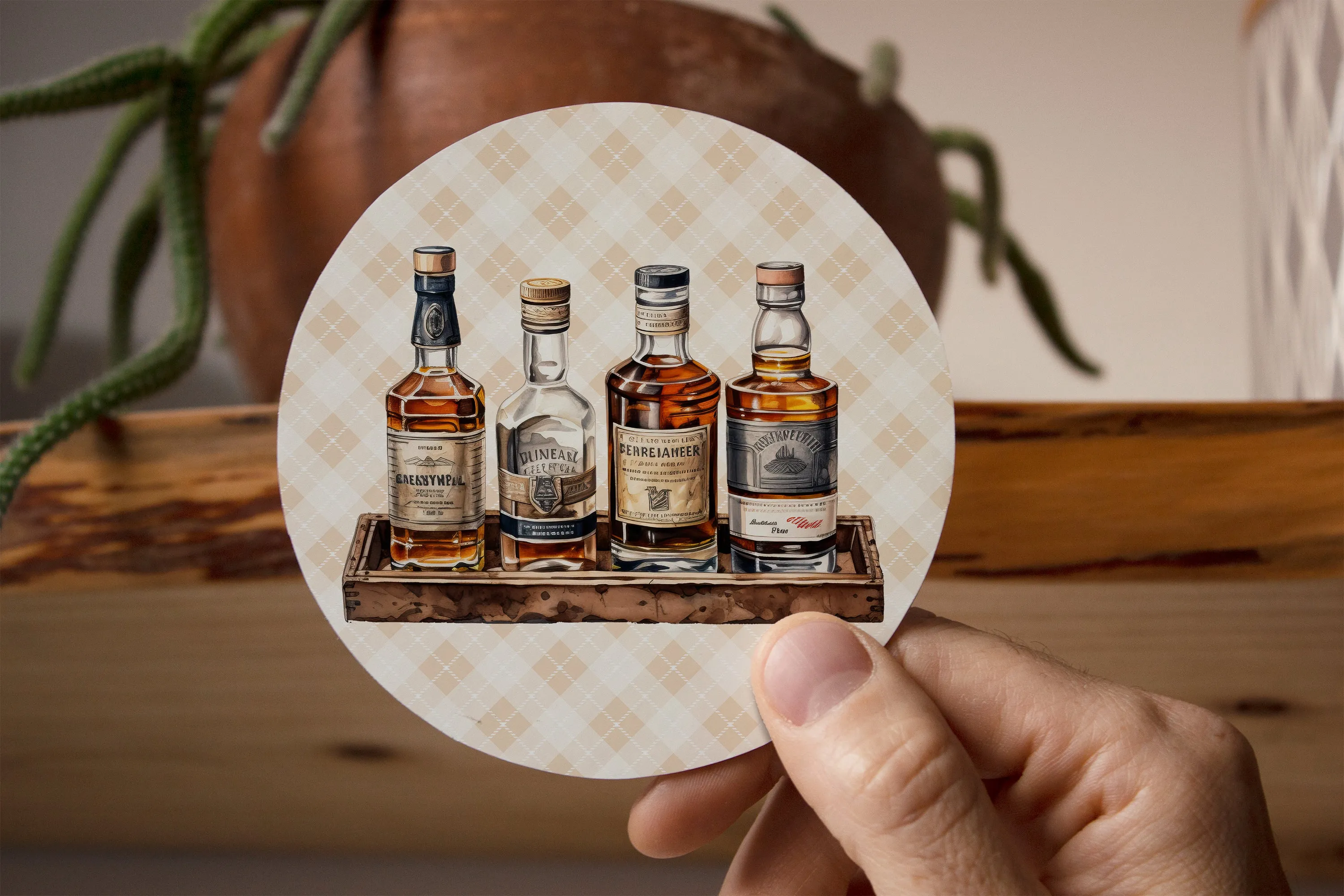 Whiskey Bottles and Yellow Plaid stone coaster set | Horse   Whiskey Collection