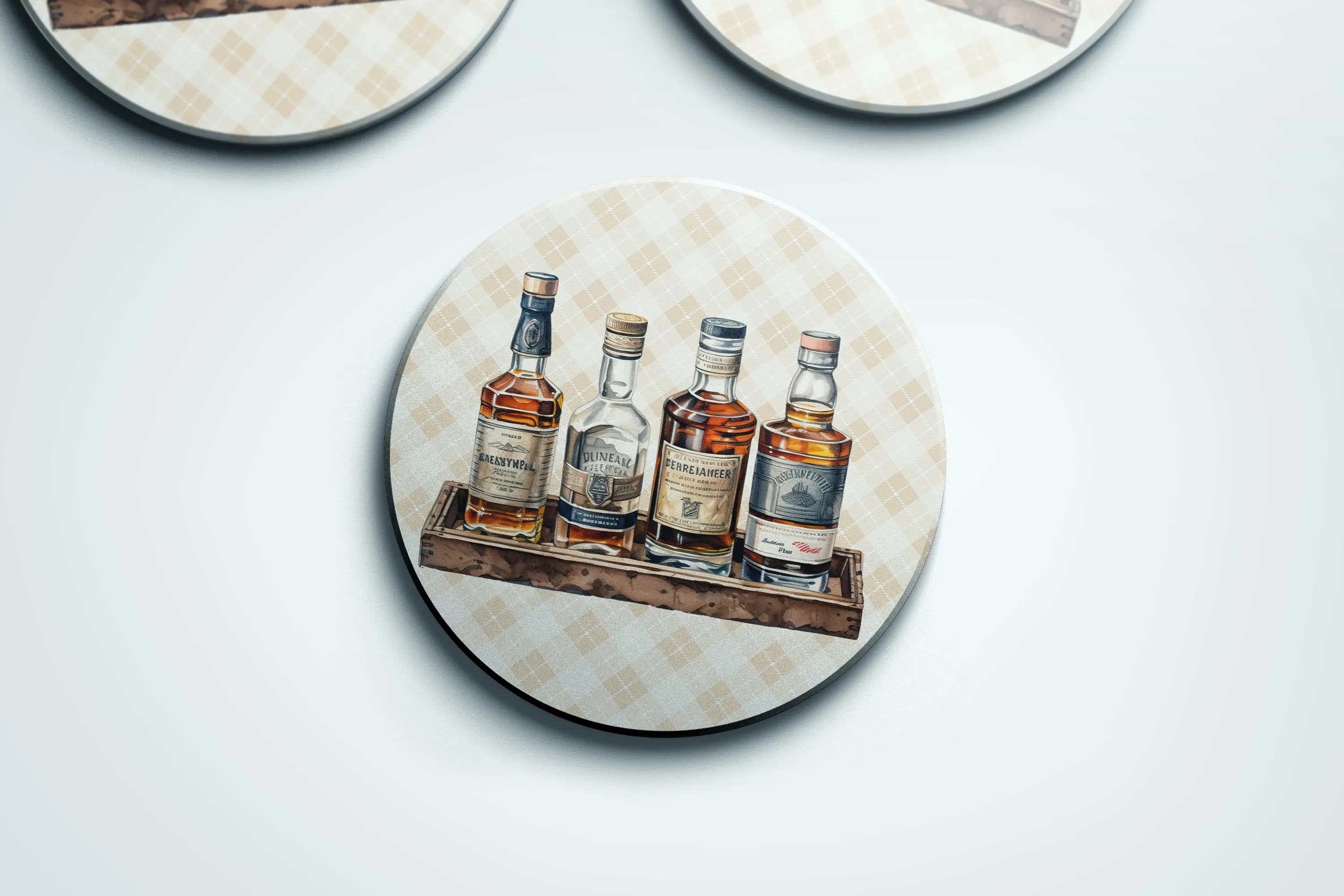 Whiskey Bottles and Yellow Plaid stone coaster set | Horse   Whiskey Collection