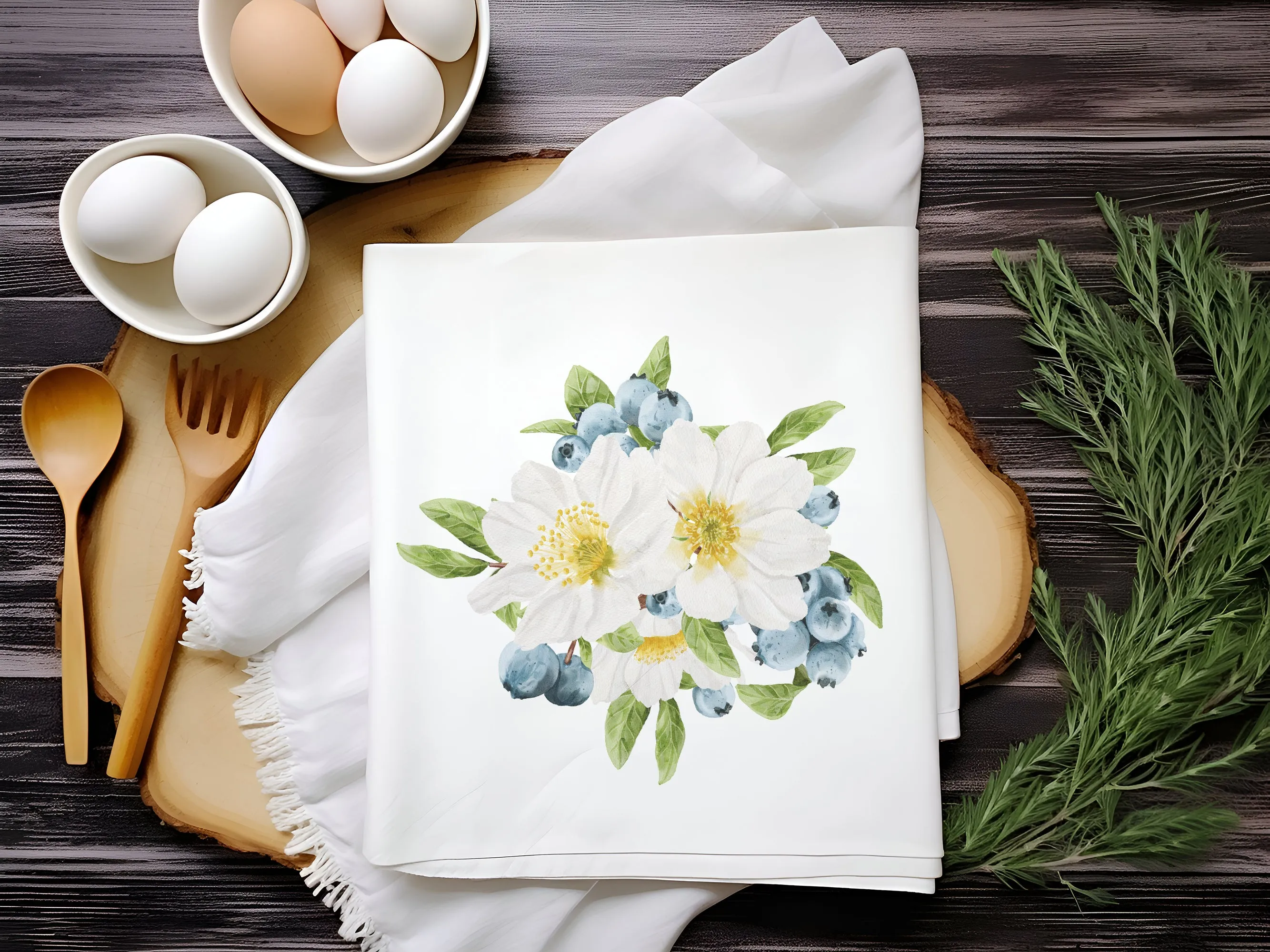 White Flowers cotton Tea Towel | floral kitchen accessories | Preppy Coastal Collection