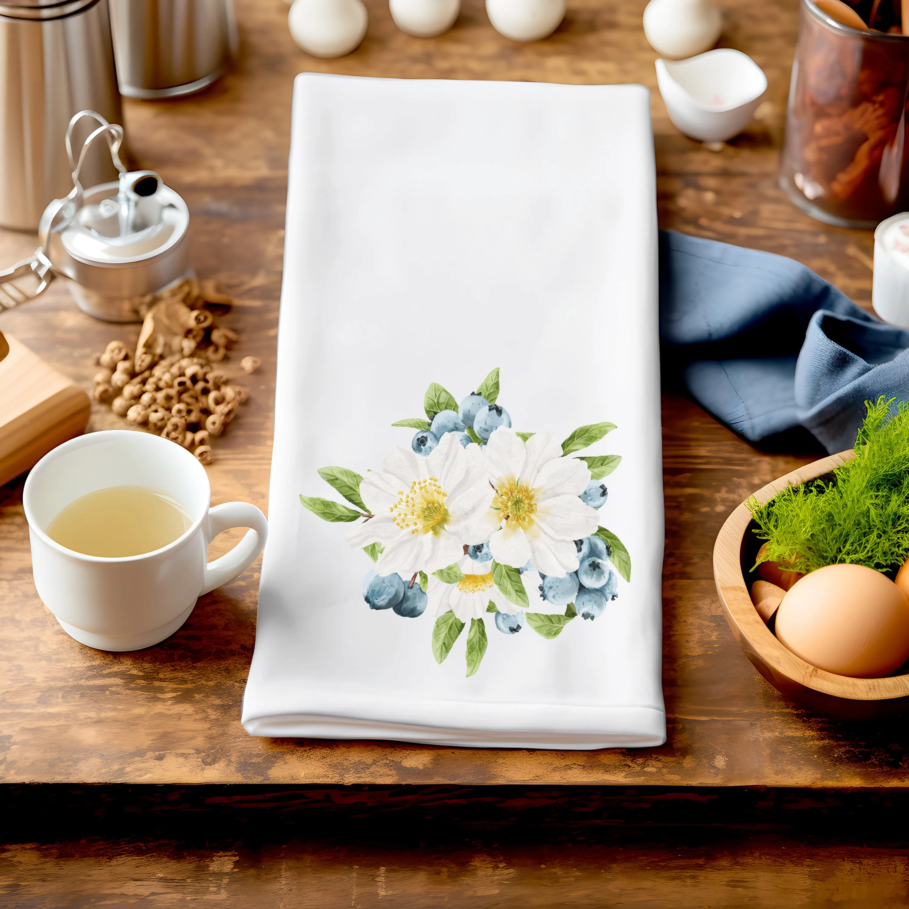 White Flowers cotton Tea Towel | floral kitchen accessories | Preppy Coastal Collection