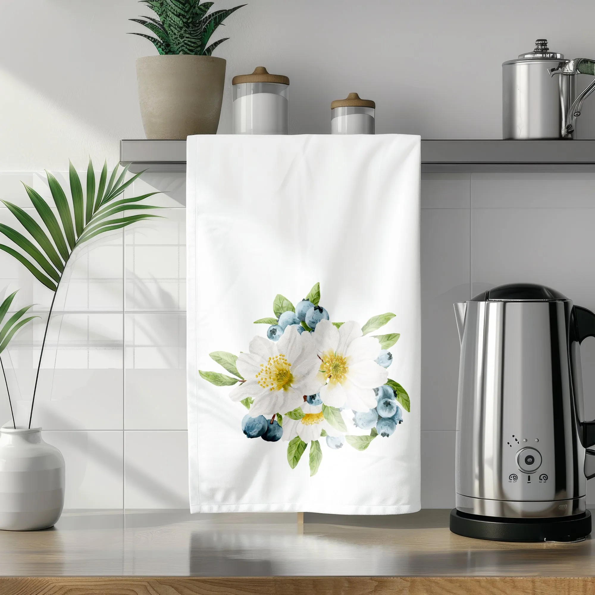 White Flowers cotton Tea Towel | floral kitchen accessories | Preppy Coastal Collection