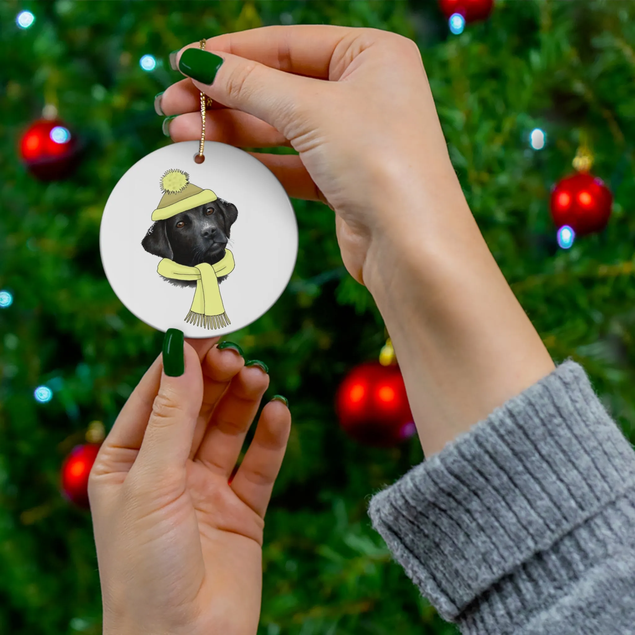 Winter Labrador With Yellow Hat Ceramic Disc Ornament              Item #2090762