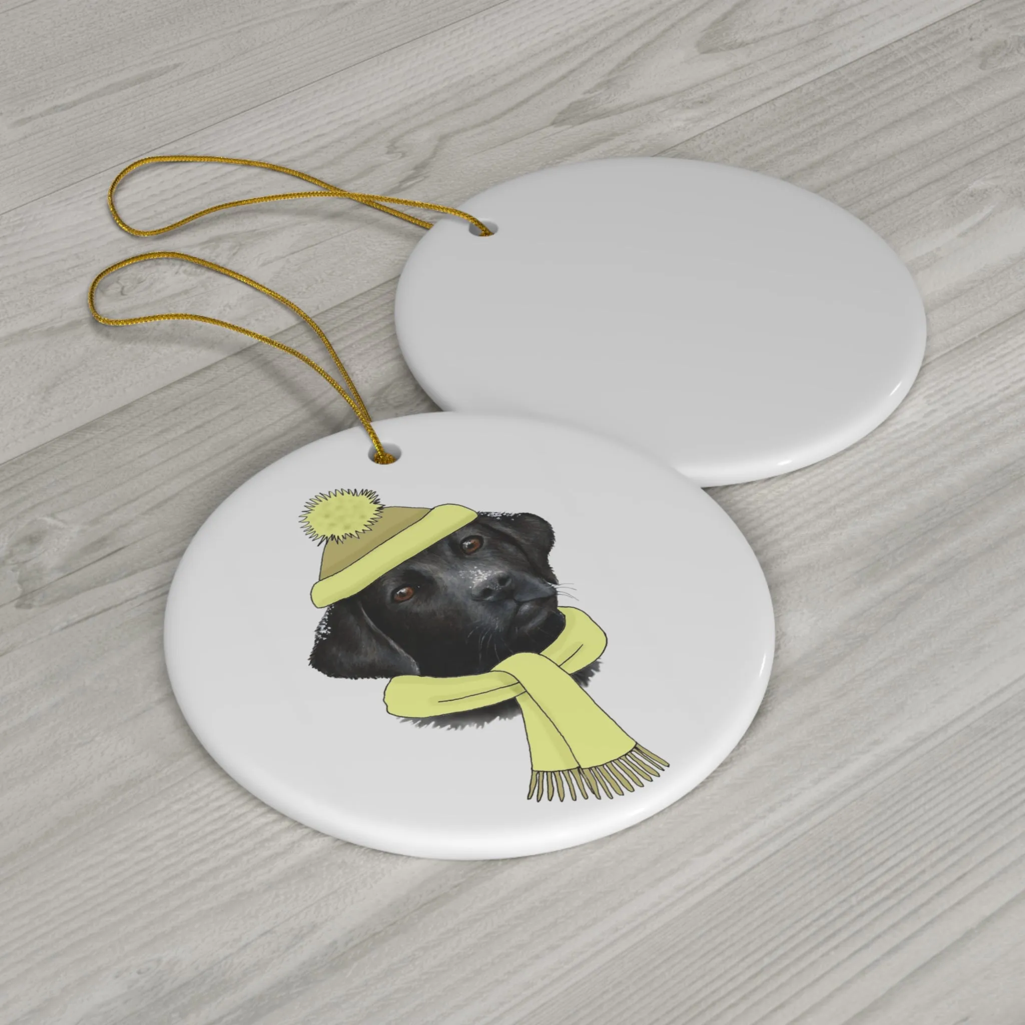 Winter Labrador With Yellow Hat Ceramic Disc Ornament              Item #2090762