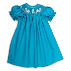 Wonderland Snowman Winter Blue Smocked Bishop