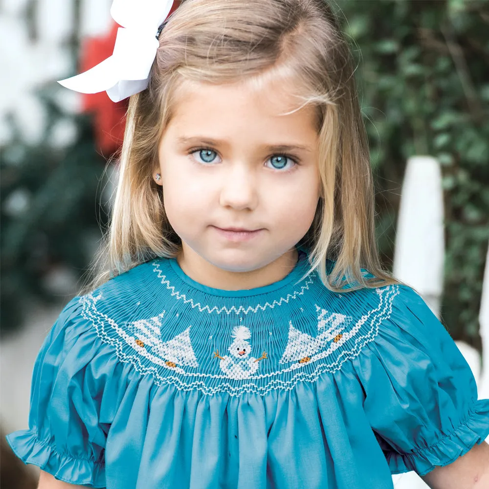 Wonderland Snowman Winter Blue Smocked Bishop